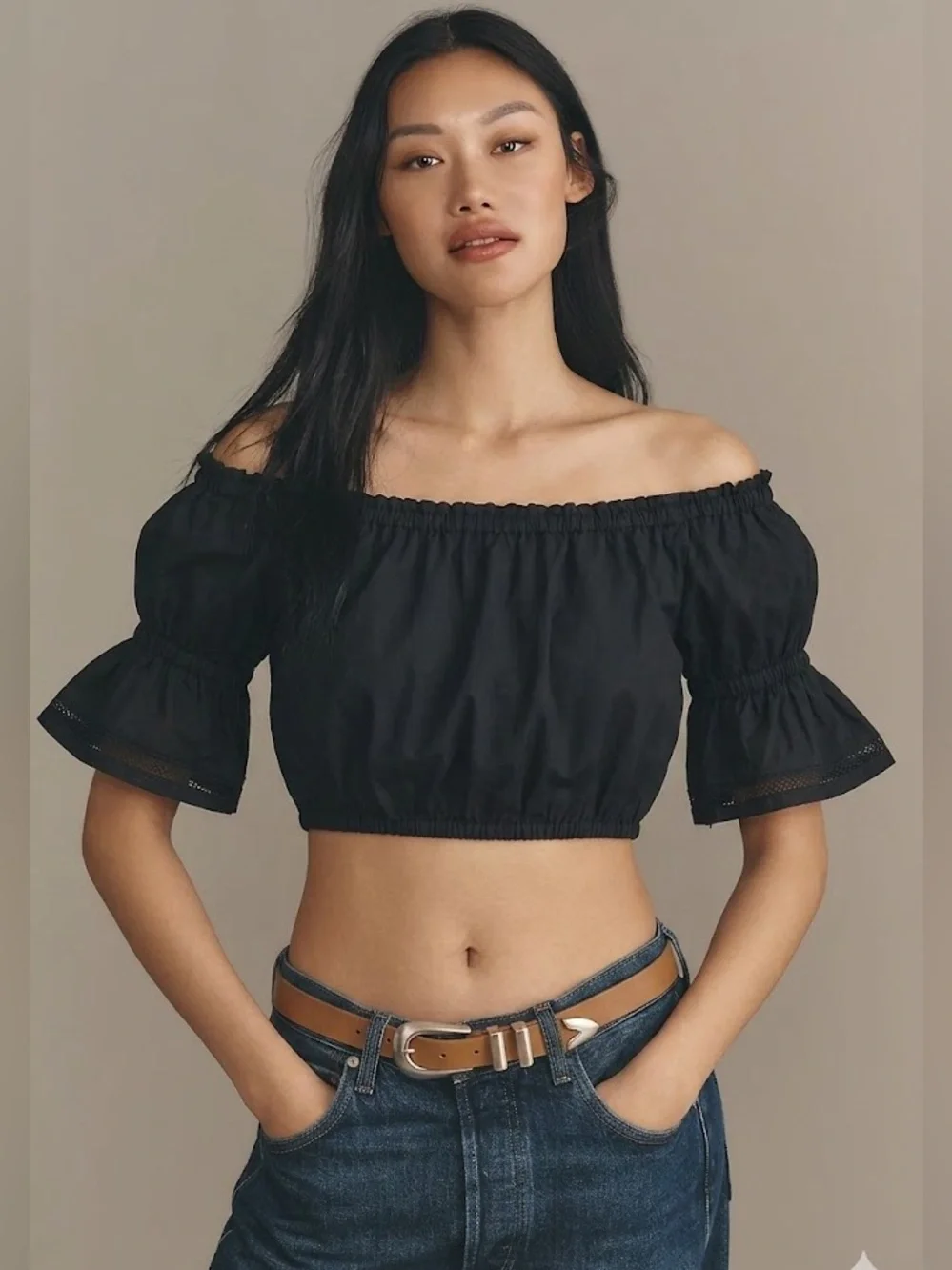 Tory Burch Black Off-Shoulder Embroidered Peasant Crop Top